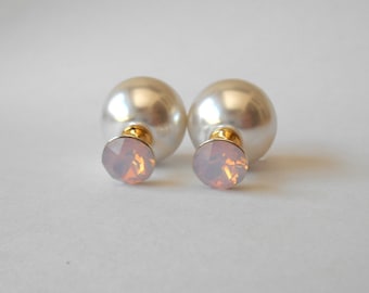 Pendientes de doble perla, Pendientes de doble cara, Perlas blancas, Muchos colores