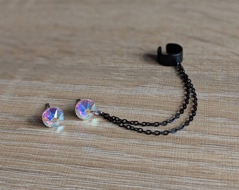 Black ear cuff earrings, Crystal stud earrings with chain