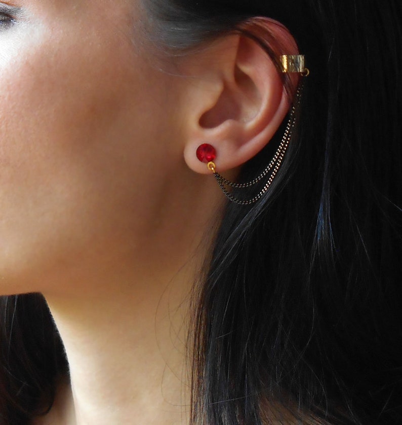 Red Crystal Ear Cuff Earrings Stud earrings with chains Many Etsy
