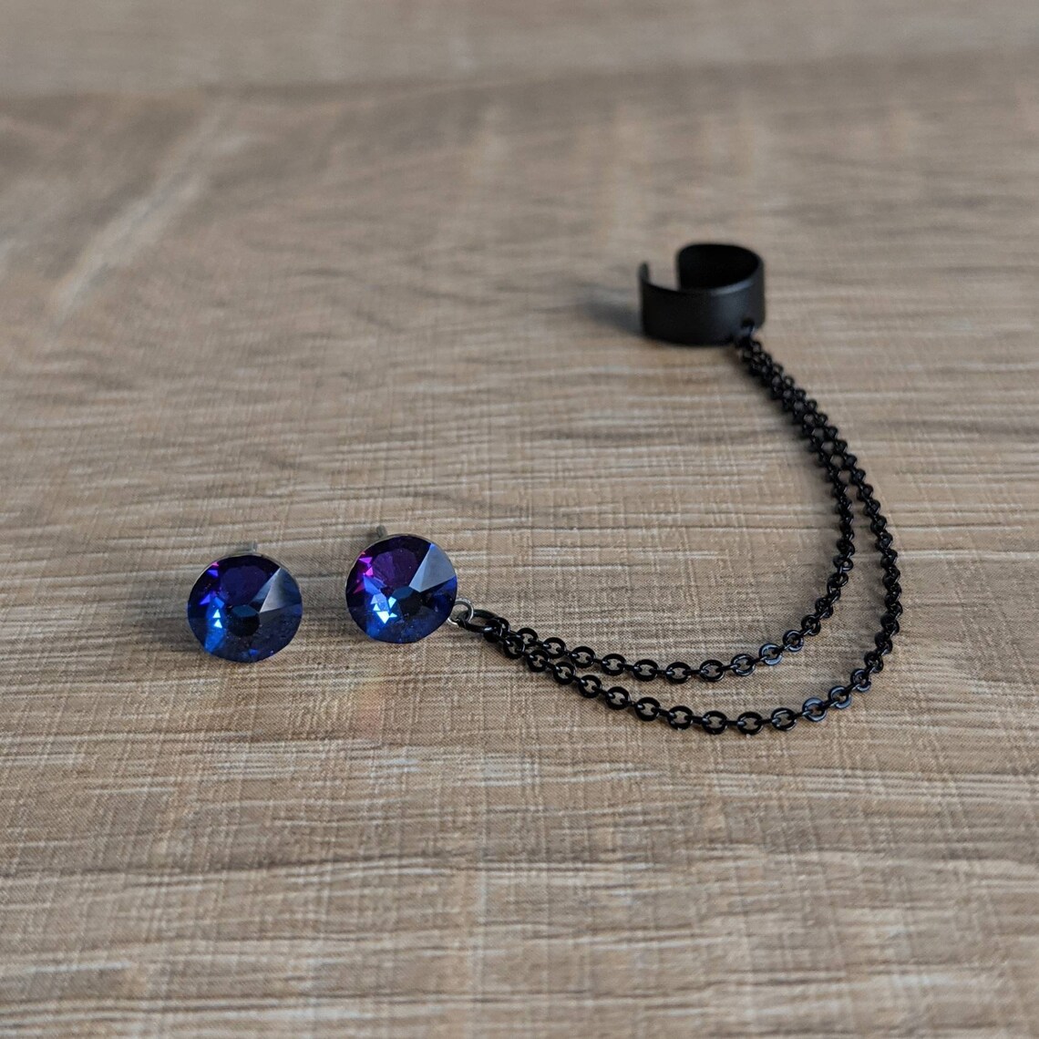 Chain cuff Earrings Black ear cuff earrings Crystal stud Etsy