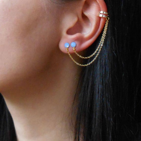 Double piercing Earrings Gold chain earrings with cuff Etsy