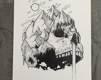 May include: A black and white illustration of a mountain range growing out of a skull with a waterfall flowing from the skull's nose.