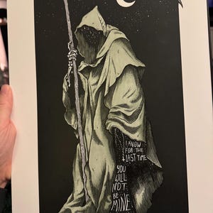 May include: Monochrome illustration of the Grim Reaper with a scythe under a starry night sky and crescent moon. The Reaper is cloaked, with the text "I know for the last time, you will not be mine."