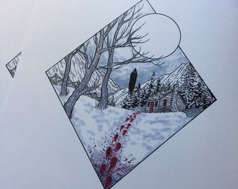 May include: A black and white illustration of a cabin in the woods with a full moon in the sky. Blood footprints lead to the cabin in the snow. The text "CABIN IN THE WOODS" is written below the image.