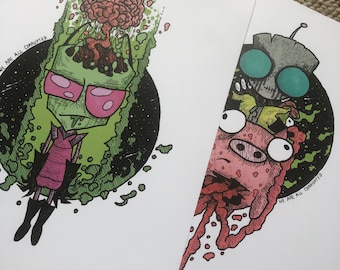 May include: Two black and white illustrations of cartoon characters with the text "We are all corrupted" on each. The first illustration is of a green alien with a pink brain growing out of its head. The second illustration is of a pink pig with a green alien head on top of it.
