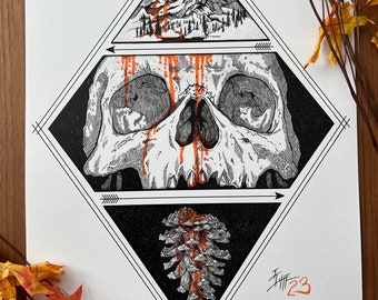 May include: A black and white ink drawing of a skull with orange dripping paint, a pine cone, and a mountain scene with an orange sun. The drawing is in a geometric diamond shape with a black background. The artist's signature "JHF 23" is in the bottom right corner.
