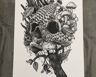 May include: A black and white illustration of a skull with honeycomb and mushrooms growing from it. Bees are flying around the skull and mushrooms.