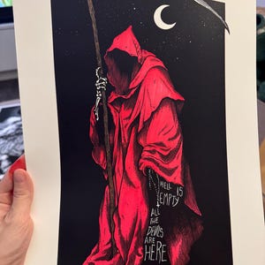 May include: A red Grim Reaper illustration with a scythe, a crescent moon, and a starry night sky. The text reads "Hell is Empty, All the Devils are Here."