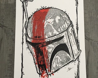 May include: A black and white illustration of a Star Wars Boba Fett helmet with a red stripe and blood splatters.