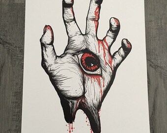 May include: A black and white illustration of a hand with an eye in the palm. The fingers are outstretched, and red blood drips from the fingertips and the base of the hand. The eye is red with a black pupil.