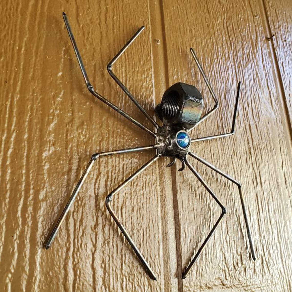 Scrap Metal Spider Sculpture With Blue Marble Etsy