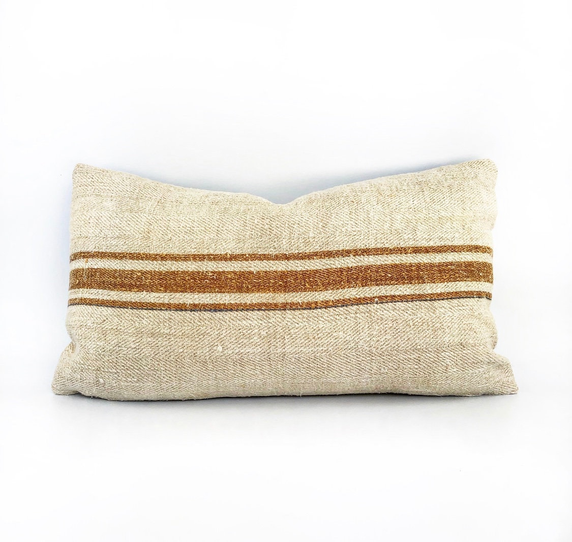 Antique French Linen Grain Sack With Terra Cotta Stripe Lumbar