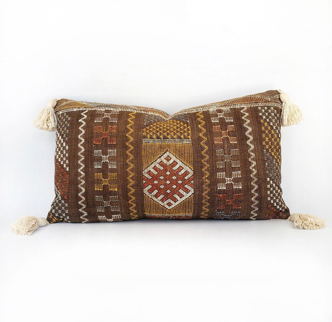Moroccan Sabra Cactus Silk And Tassel Lumbar Pillow Cover 14x24