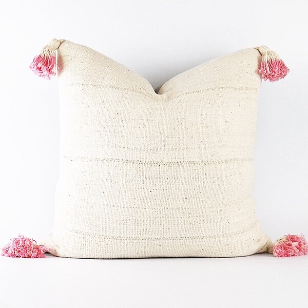 Authentic African White Mudcloth Textile Pillow Cover With Pink Dip-Dyed Tassels 20x20