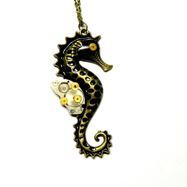 Steampunk jewelry necklace "Mechanical Hippocampus", steam punk seahorse, antique bronze and black, parts of clockwork, gift for man, woman