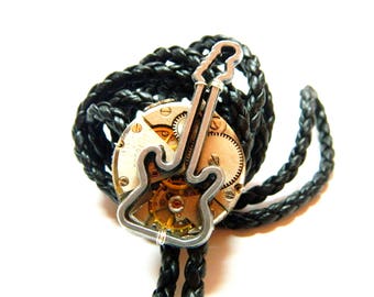 Rock N Roll Bolo Tie The guitar gift steam punk musician, Steampunk bootlace tie bola mens jewelry old clockwork, silver colored metal, cord