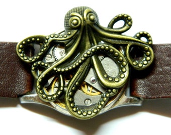 Octopus bracelet old watch strap genuine leather, Chimera jewelry Steampunk Kraken, unique men proposal gift