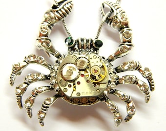 Steampunk little crab necklace Cancer astrology sign in zodiac, cardinal Water trigon, steam punk brooch, birthday gift, honeymoon surprise