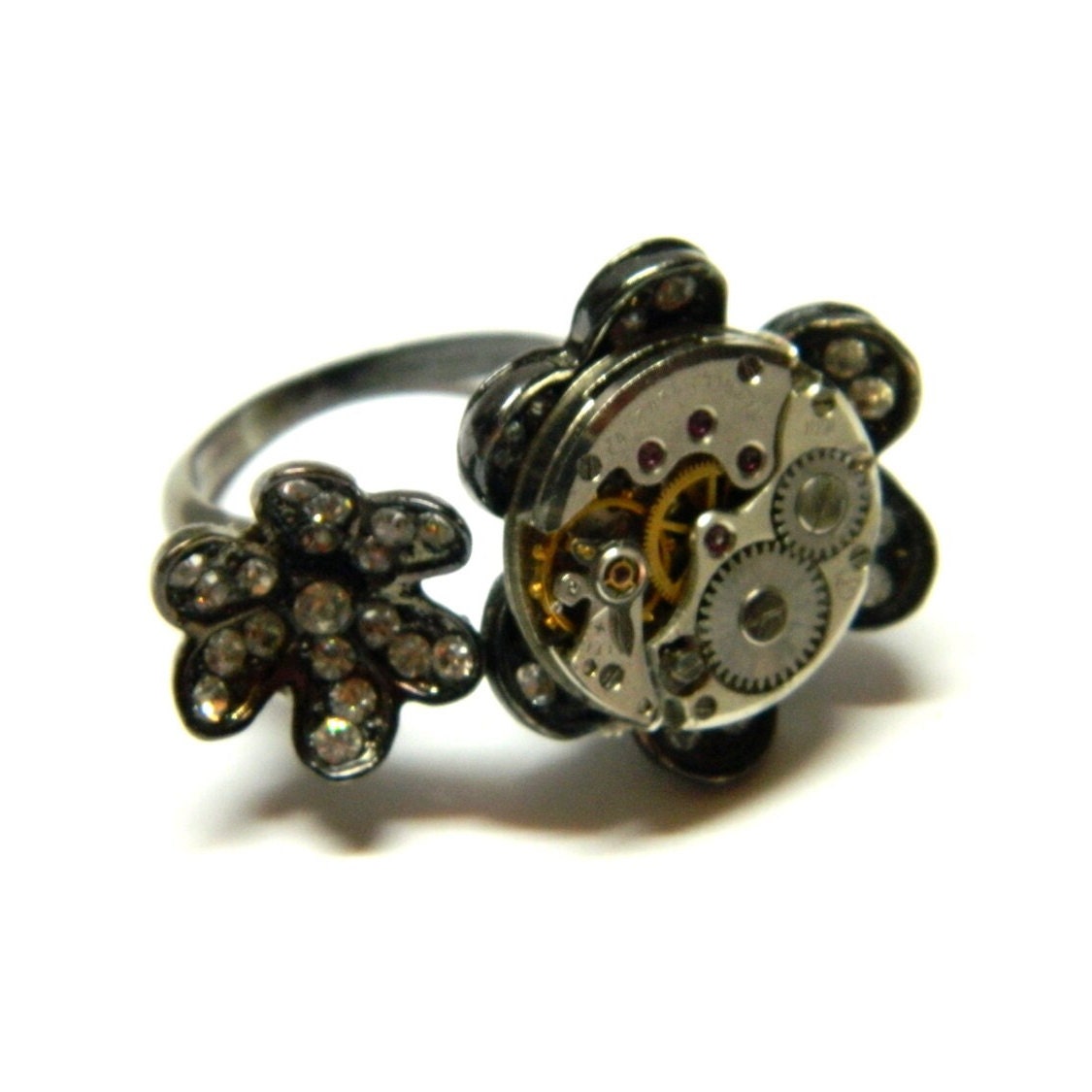 Steampunk ring Flowers of time, graphite black jewellery, handmade decorated miniature clockwork, crystals, adjustable ring, wedding gift