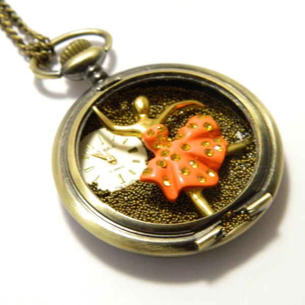 Steampunk jewelry necklace "Orange Dance", steam punk ballerina, orange crystals, handmade decorated, pocket watch casing, free shipping