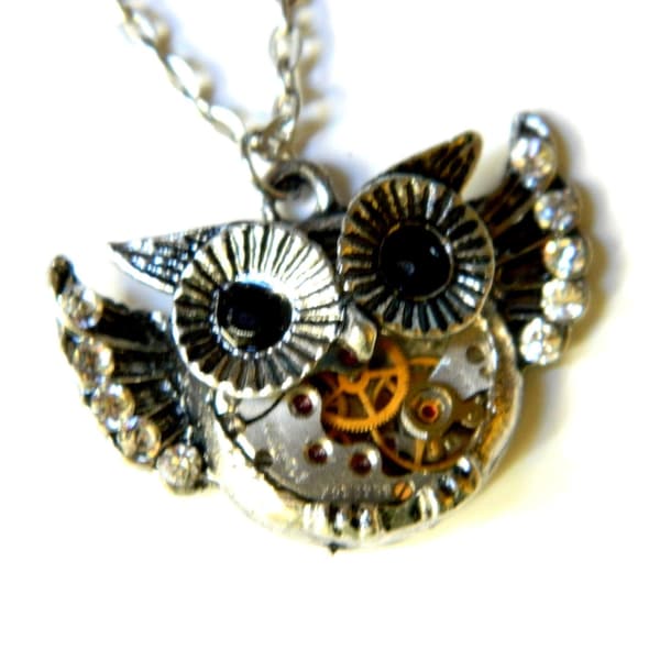 Steampunk Tiny cute petite Owl black eyes, silver necklace, old miniature clockwork, wisdom, surprise steam punk jewelry gift for women girl