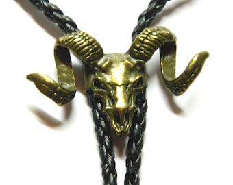 Bolo Tie Ram Capricorn King skull Bronze cranium Unique Zodiac sign, birthday gift man goat royal, men's fashion jewelry, cord, Steampunk