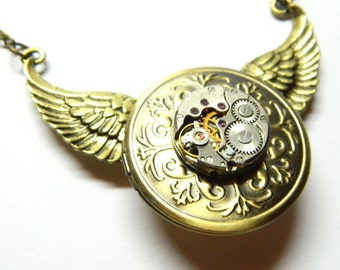 Steampunk Time flies angel wings, golden locket pendant, for him and her, keepsake 2 pictures, necklace stash container, woman birthday gift