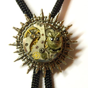 Solar Owl Steampunk Bolo Tie, punk screech-owl bootlace tie jewelry men&#39;s fashion, clockwork, pendants, honeymoon surprise, birthday gift