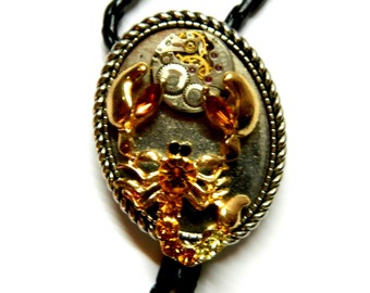 Steampunk Scorpion Bolo Tie, wedding silver basis metal fashion jewelry, golden unique birthday gift, girl, boy, woman, honeymoon surprise