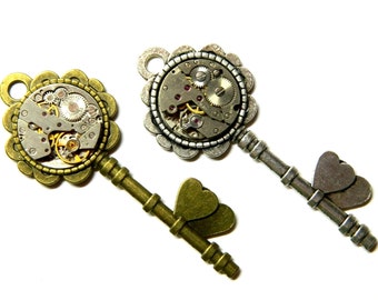 Alice inspired Steampunk Key to the time necklace jewelry, antique bronze, silver colored steam punk pendant, clockwork, great gift for girl