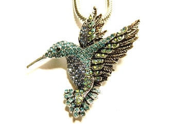 Blue Hummingbirds brooch pendant 2in1 necklace, unique birthday honeymoon surprise gift, women hubby friend jewelry silver colored earrings
