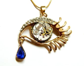 Golden Steampunk jewelry necklace Tear of Time, big pendant Eye, unique surprise gift, blue or green crystal, old clockwork, green crystal