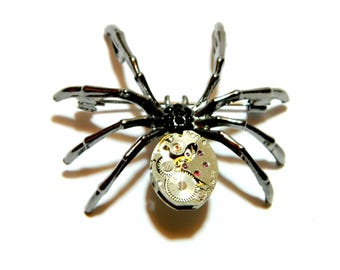 Steampunk Spider brooch-necklace Arachne Black Silver Robot boutonniere hat pins, old clockwork, wedding, birthday gift, honeymoon surprise