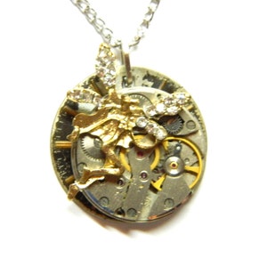 Steampunk Fairy Time jewelry pagan necklace, golden steam punk elf, clockwork, dial, unique Valentine Day, birthday gift, honeymoon surprise