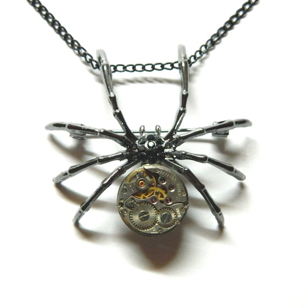 Steampunk Spider brooch-necklace Arachne Black Silver Robot boutonniere hat pins, old clockwork, wedding, birthday gift, honeymoon surprise