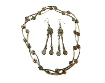 Unique vintage set, two elastic cord necklace, or necklace and bracelet, and long earrings, old silver colored surprise gift, worldwide ship