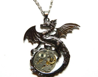 Steampunk jewelry Catches of the black Dragon year 2024 black silver serpent, large winged monster, old clockwork, birthday gift, man, mens