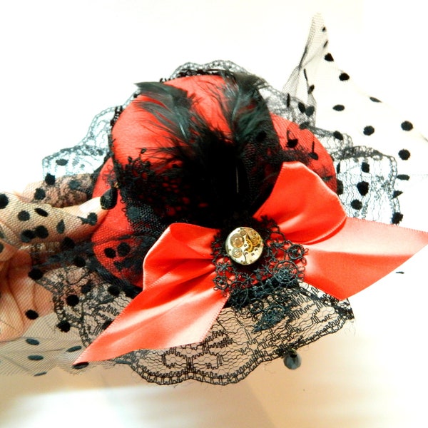 Steampunk mini top hat Red fascinator Alice in Wonderland cat dog Wedding Victorian Gothic hair clip tea party costume fancy burlesque