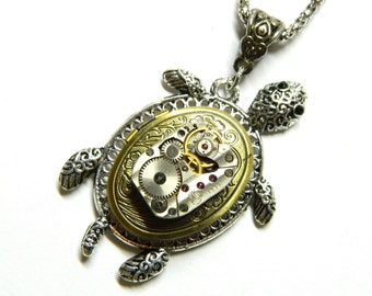 Steampunk tortoise locket The secrets of turtle, honeymoon surprise, gold box 2 two photos, silver steam punk gift necklace, old clockwork