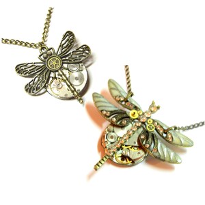 Steampunk necklace Odonata, Unique birthday gift time of the Dragonfly, big old clockwork, filigree handmade decorated antique bronze metal