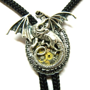 Gothic steampunk Bolo Tie Big Draco water flying Dragon year 2024 men&#39;s jewelry surprise gift, bronze, golden Skyrim fashion, cord, pendants