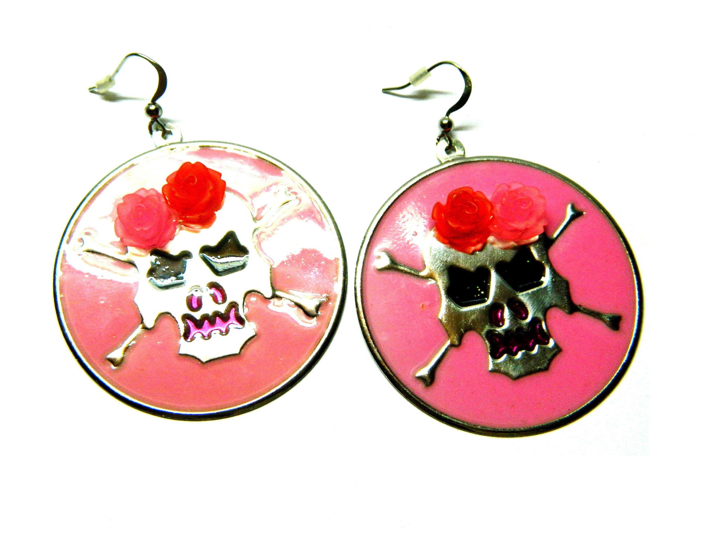Sugar skull Halloween earrings pink & red roses crown silver | Etsy