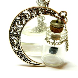 Sonda Steampunk Lunar, prezent z notatką w małym słoiczku, pojemnik na drobne rzeczy, miniaturowy wisiorek ze szklanej butelki, srebrny naszyjnik z księżycowym dyskiem
