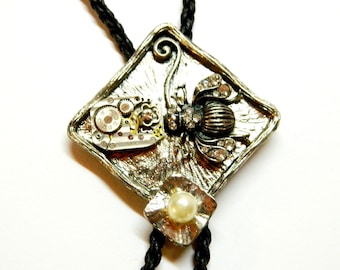 Square Steampunk Bolo Tie Melliferous Bee, honeymoon surprise, unique birthday gift, steam punk silver jewelry mens fashion, clockwork, cord