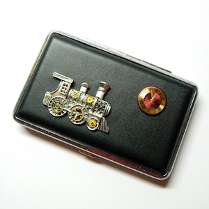 Steampunk Lokomotive Orient Express, ungewöhnliches Geschenk, schwarze Zigarettendose aus Kunstleder, Zug-Visitenkartenhalter, Kredithüllen, toller Geburtstag