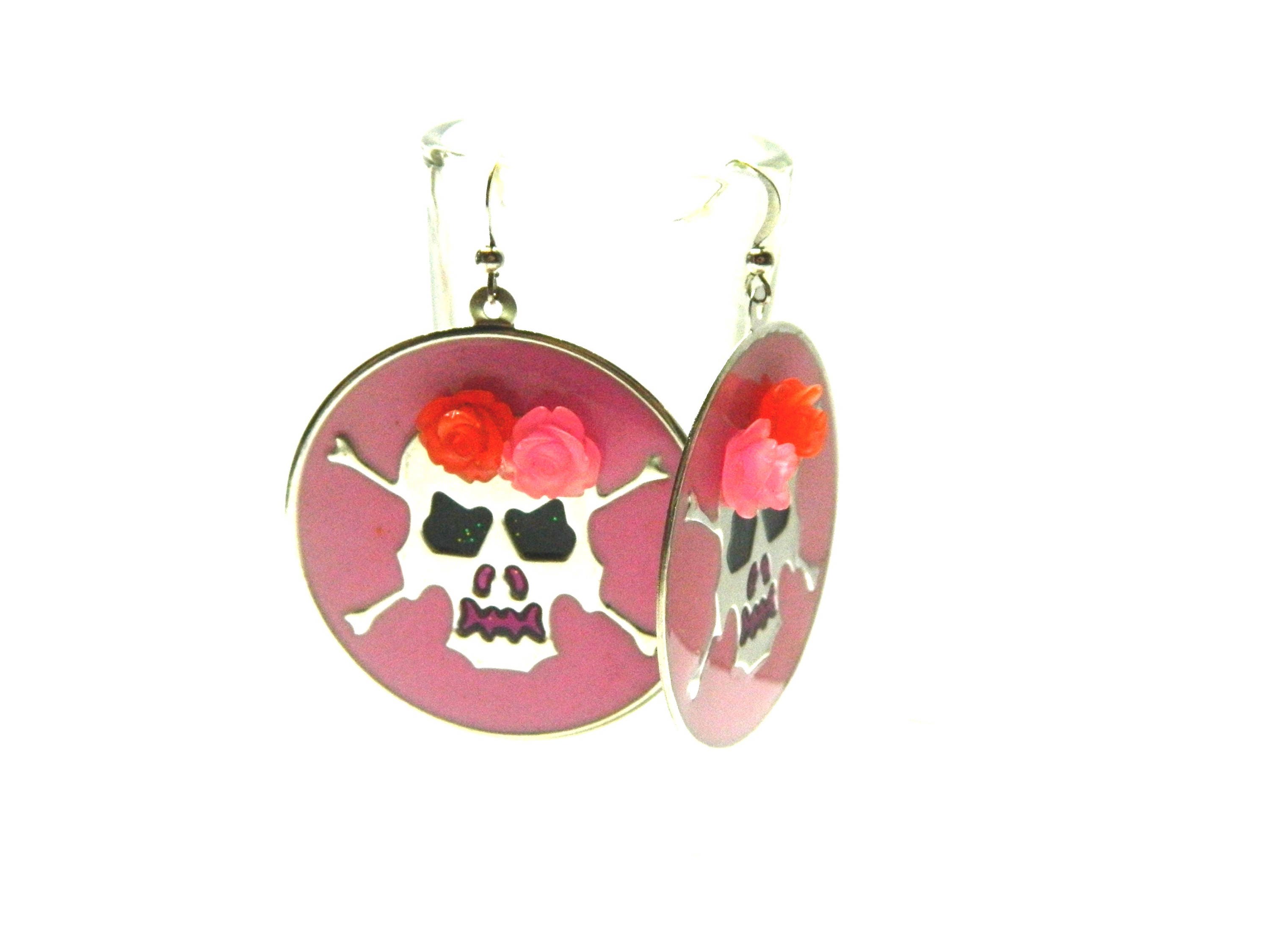 Sugar skull Halloween earrings pink & red roses crown silver | Etsy