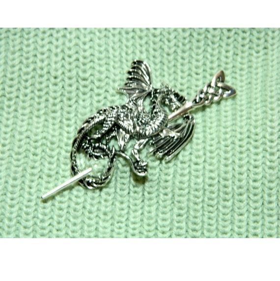 Celtic Dragon fibula hair clip pin brooch scarf D… - image 6