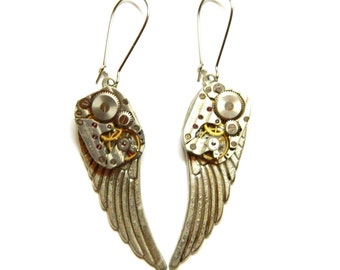 Angel wings Steampunk 1 earring 2 earrings authentic clockworks silver wedding bride woman unique birthday gift honeymoon surprise proposal