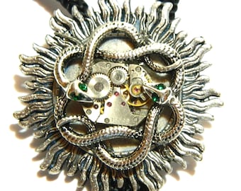 Snake Sun Steampunk Bolo Tie, moon honeymoon surprise, fashion silver steam punk accessory, clockwork, unique birthday gift men&#39;s jewelry
