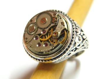 Steampunk wedding solid adjustable ring, golden/silver engagement jewelry, clockwork, unique birthday gift, honeymoon surprise, bride, man